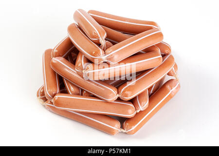 Boiled sausages in a bunch, isolated on a white background. Fresh and tasty. Stock Photo