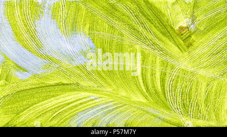 Textured abstract painting. Hand painted background, leaves of plant, Yellow, green , blue  white. Stock Photo