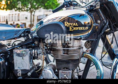 Bullet 500, Royal Enfield classic motorbike, side view, close-up of gas tank and engine, France, Europe Stock Photo