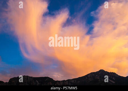 Sunset at The Window at Chisos Basis in Big Bend National Park, with unusual cloud formations. Stock Photo