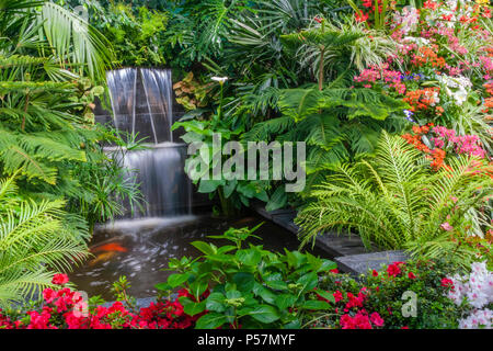 Waterfall and Garden Scene at Butchart Gardens in Victoria, British Columbia, Canada. Stock Photo