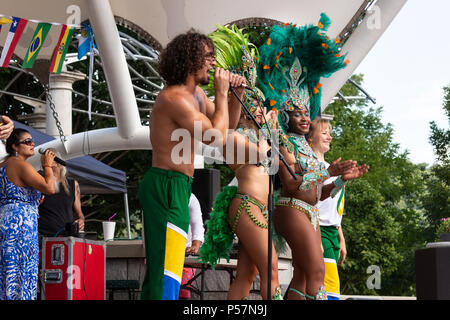 Juan Pablo Blanco and the NC Brazilian Arts Project perform at the Hola Asheville Festival in Asheville, NC, USA Stock Photo