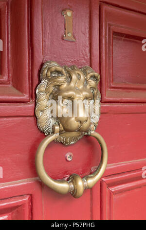 Old lion's head cast brass metal door knocker on red painted wood panelled house front door, England, UK Stock Photo