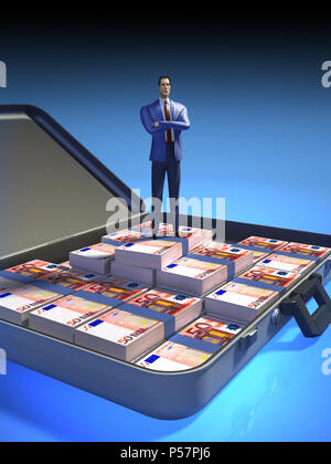 Businessman proudly standing in a case full of money. Digital illustration, clipping path included. Stock Photo