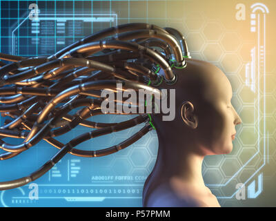 Female figure with some cables attached to her head, on an high technology background. Digital illustration. Stock Photo