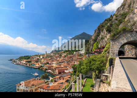 Panoramic view of small town Limone sul Garda at Lake Garda west shore on a sunny day in springtime
