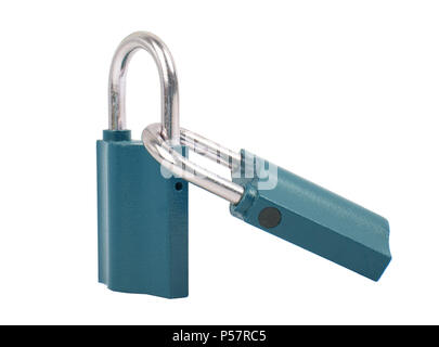 Laced metal padlocks.Two padlocks together over white background. Stock Photo
