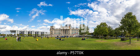 Panoramic view of Platz der Republik in Berlin. Paul Lobe House on left, Reichstag (Bundestag) in center and Besucherzentrum Bundestag on the right Stock Photo