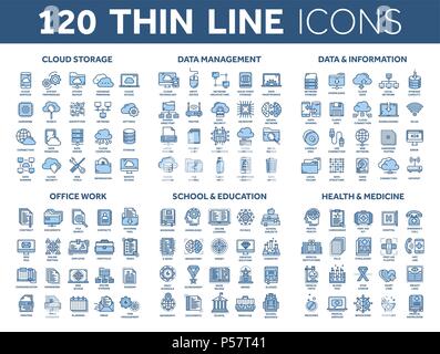 Cloud storage. Data management. Computing. Information. Internet connection. Office work. School and education. Medicine. Thin line blue icons set. Stroke. Stock Vector