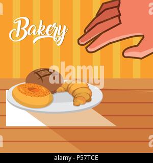 Hand grabbing bakery products on dish vector illustration graphic ...