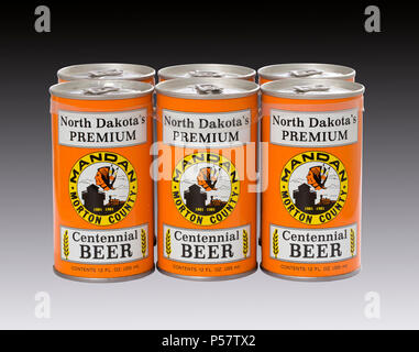 A 6 pack of beer cans commemorating Mandan and Morton County North Dakota's 1981 centennial celebration.  The beer was brewed by the August Schell Bre Stock Photo