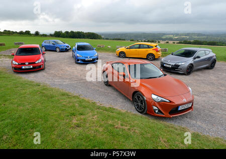 2012 hot hatches Focus ST, Megane RS, Astra VXR, Golf GTi, Leon Cupra and GT86 Stock Photo