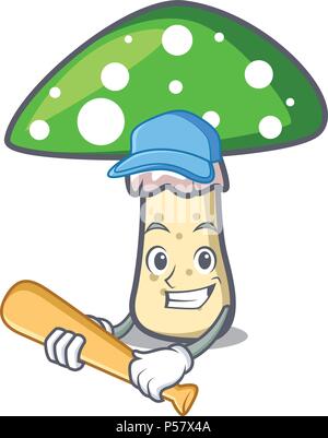 Playing baseball green amanita mushroom character cartoon Stock Vector