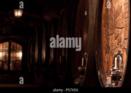 Old Barrels in the wine cellar, Germany Stock Photo