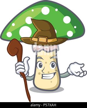 Witch green amanita mushroom mascot cartoon Stock Vector