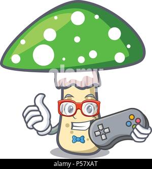 Gamer green amanita mushroom mascot cartoon Stock Vector