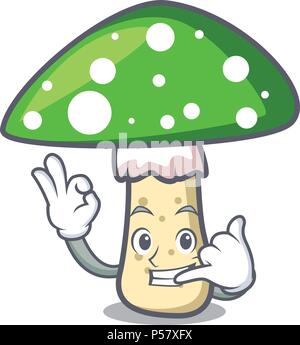 Call me Call me green amanita mushroom mascot cartoon Stock Vector