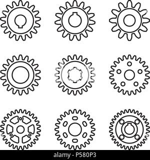 Set of gears with different teeth. Thin line vector Stock Vector