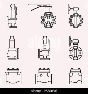 Industrial valves icon set. Thin line vector Stock Vector