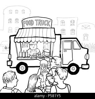 A street food truck in the city selling take away food and drink hamburger. Stock Photo