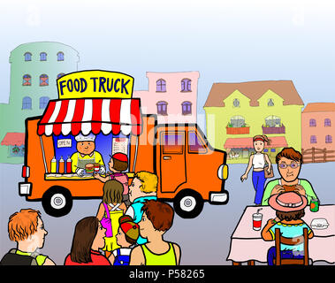A street food truck in the city selling take away food and drink hamburger. Stock Photo