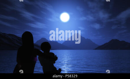 3D render of a mother and son looking out to the ocean at night Stock Photo