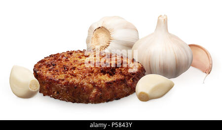 Single grilled hamburger and fresh garlic with cloves isolated on white background Stock Photo