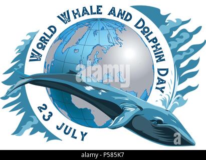 World Whale and Dolphin Day. 23 July. Concept of ecological holiday. Whale and silhouettes of continents. Stock Vector