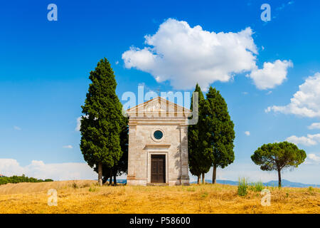 Siena, Italy - August 14, 2013: The Church of Madonna di Vitaleta is an UNESCO site in the Crete Senesi area, Italy Stock Photo