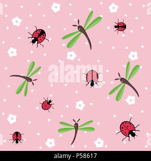 dragonflies and ladybugs seamless floral pattern Stock Vector