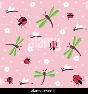 dragonflies and ladybugs seamless floral pattern Stock Vector