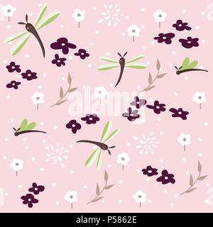 dragonfly seamless floral pattern Stock Vector