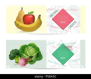 Advertising banner with vegetables and fruits on the topic of healthy eating. Ready design. Stock Vector