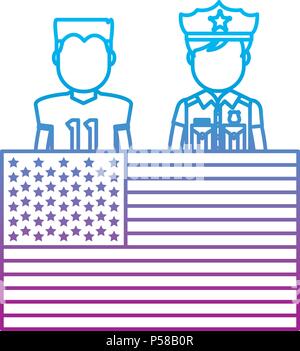 degraded line football player and policeman with uniform and usa flag vector illustration Stock Vector