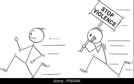 Cartoon of Angry Violent Man Holding Stop Violence Sign Chasing Another Man Stock Vector