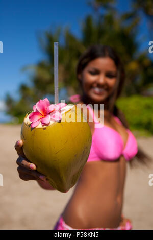 Hawaiian woman coconut bra close smile Stock Photo