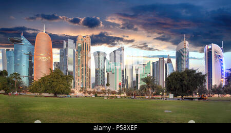 Skyline of modern city of Doha in Qatar, Middle East. - Doha's Corniche in West Bay, Doha, Qatar Stock Photo