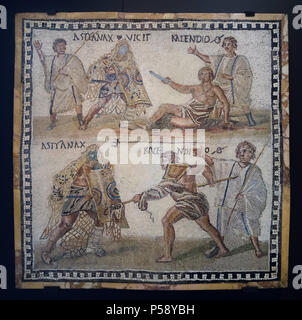 Gladiator fight depicted in the Roman mosaic from the 3rd century AD on display in the National Archaeological Museum (Museo Arqueológico Nacional) in Madrid, Spain. The secutor (Roman armed gladiator) fighting versus the retiarius (Roman net fighter). According to the Latin inscription, the secutor Astyanax and the retiarius Kalendio are engaged in mortal combat. The lanista (gladiator trainer) cheers them on. The outcome is shown above and confirmed by the inscriptions: the word VICIT appears beside Astyanax, and beside Kalendio's name is an O with a line through it, an abbreviation for Obii Stock Photo