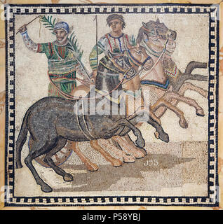 Quadriga depicted in the circus scene in the Roman mosaic from the 3rd century AD on display in the National Archaeological Museum (Museo Arqueológico Nacional) in Madrid, Spain. The green team (factio prassina) is victorious. Their admired steeds have performed splendidly, particularly the funalis horse on the left which is responsible for making close turns around the spina, the riskiest manoeuvre in the race. Stock Photo