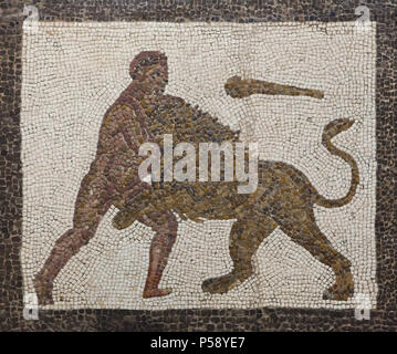 Heracles slaying the Nemean Lion. Labours of Heracles depicted in the Roman mosaic dated from the 3rd century AD from Llíria (Valencia Province, Spain) on display in the National Archaeological Museum (Museo Arqueológico Nacional) in Madrid, Spain. Stock Photo