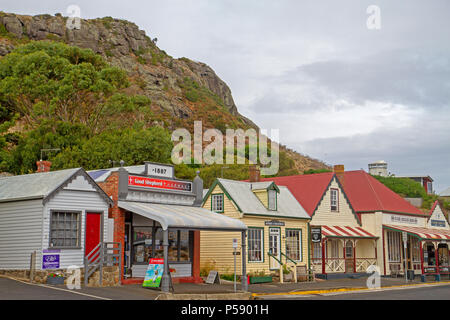 The main street (Church Street) of Stanley, with the Nut rising beside Stock Photo