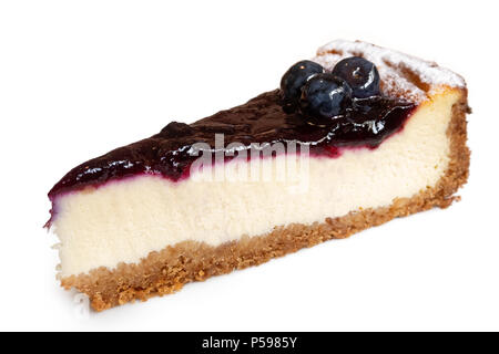 Single slice of blueberry cheesecake with fresh blueberries isolated on white. Stock Photo