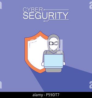 Hacker on laptop with shield behind vector illustration graphic design Stock Vector