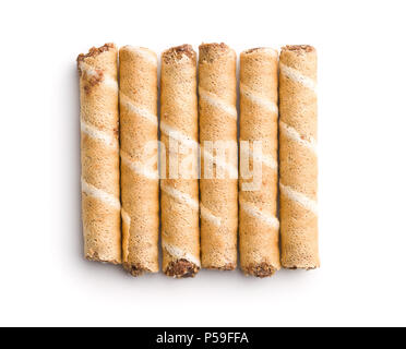 Sweet chocolate waffle rolls isolated on white background. Stock Photo