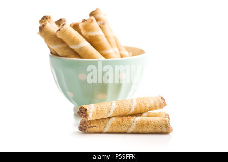 Sweet chocolate waffle rolls isolated on white background. Stock Photo