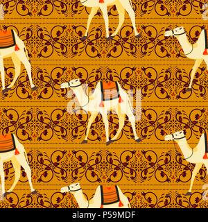 Camels oriental decorative motifs seamless vector pattern. Stock Vector