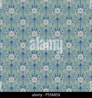 Damask dusty blue floral seamless vector pattern. Stock Vector