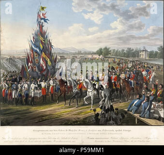 1814 Feast in the Prater on the anniversary of the Battle of Nations near Leipzig. Militдrfest im Wiener Prater am Jahrestag der Vцlkerschlacht bei Leipzig (18. 10. 1814): Franz I. reitet nach dem Mittagmahl in Begleitung sдmtlicher damals in Wien anwesender Souverдne durch das Garnisonslager im Bereich der heutigen Freudenau, wдhrend ihm die Offiziere zutrinken; links im Hintergrund die Tischreihen fьr die Soldaten und Blick auf die Stadt Wien und Leopolds- und Kahlenberg; rechts hinten das dekorierte Lusthaus mit davor aufgerichteter Pontonbrьcke. Lithographie von Franz Wolf nach einer Vorla Stock Photo