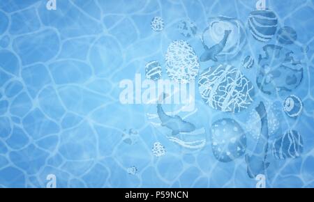 Summer. Texture of blue water surface. Underwater background with sketches of various fishes and stones. Flyer, booklet for advertising and design. Outline silhouettes. Ocean, sea. Vector illustration Stock Vector