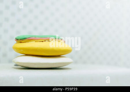 Close-up of soap and colorful soap in the toilet and bathroom, Layer of soap and stack of colorful soap. Stock Photo